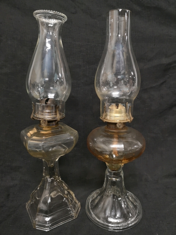 2 Vintage Glass Oil Lamps - Both With Wicks 19" Tall