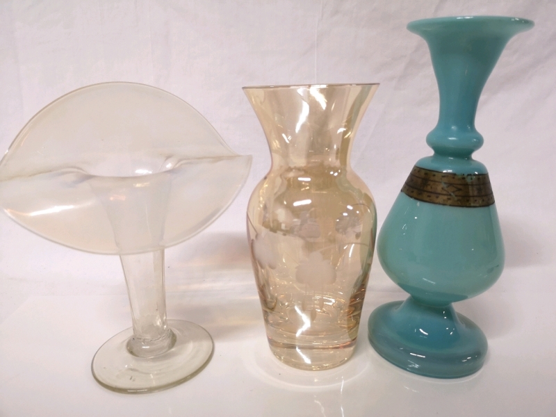 3 Vintage Glass Vases - Blue Vase is Hand Blown