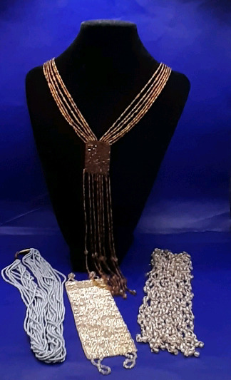 Vintage Beadwork 21.5" Brown & Coppery Necklace, 9" Blue Gray Beaded Necklace, 5.75" Beaded Bracelet and a Beaded Accessory to Bling Up Your Wine Bottle