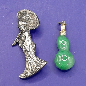 Vintage Silver 2" Geisha Pin & Jade Pendant