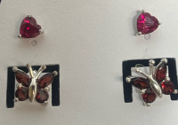 Two Sterling Silver Stud Earrings Ruby & Red stone Butterflies