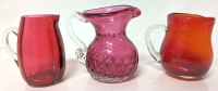 3 Vintage Glass Mini Pitchers with Applied Handles | Cranberry Glass & Reddish/Orange | 3.25" - 4"