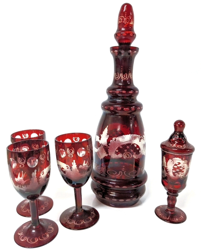 Lovely Vintage Ruby Cut to Clear Decanter (8.25") + 3 Glasses (4") & 1 Lidded Apothecary Glass (5") | Made in Czechoslovakia (With Stopper)