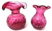 2 Heavy Cranberry Glass Vases 5" - 5.5" Tall |