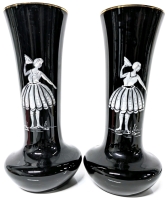 Twin Vintage Black Amethyst Glass Vases with Painted Fancy Ladies & Gold Trim | 9.5" Tall ea