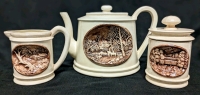 Vintage 1989 Hershey Mold Teapot with Matching Creamer & Lidded Sugar Dish with Woodsy Scenes | 3.5" - 6" Tall