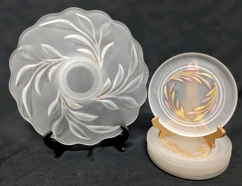 Vintage Frosted Glass : Large Footed Plate (13.7" x 1" Tall) & 6 "Satin Stone" Salad Plates (8")