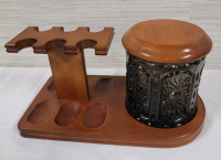 Wooden 6 Pipe Stand Holder Rack with Glass Humidor Jar