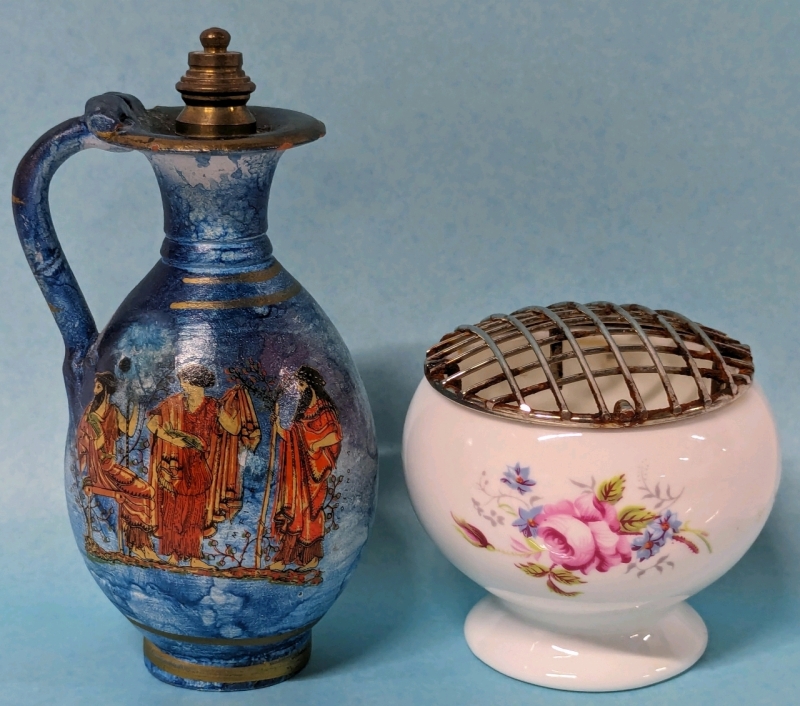 Vintage COALPORT Junetime Rose Bowl (2.75" Tall) and Crete Souvenir Amphora-Shaped Terracotta Perfume Bottle (4 75" Tall)