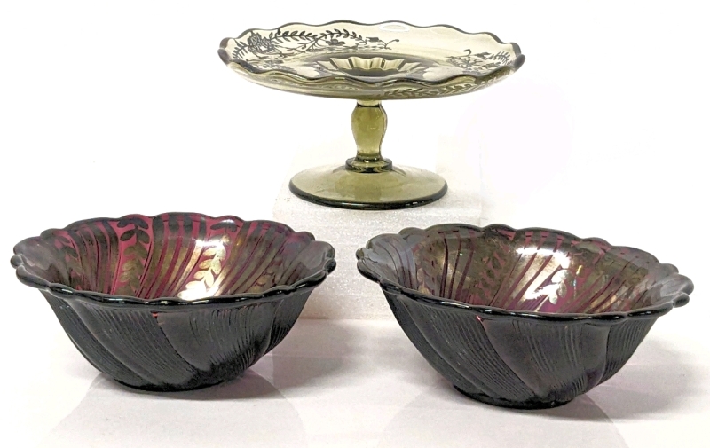 Vintage Smokey Green Footed Plate (5.5" x 2.75") & 2 Vintage Silver Overlay on Cranberry Glass Bowls (5" x 2" Tall ea)