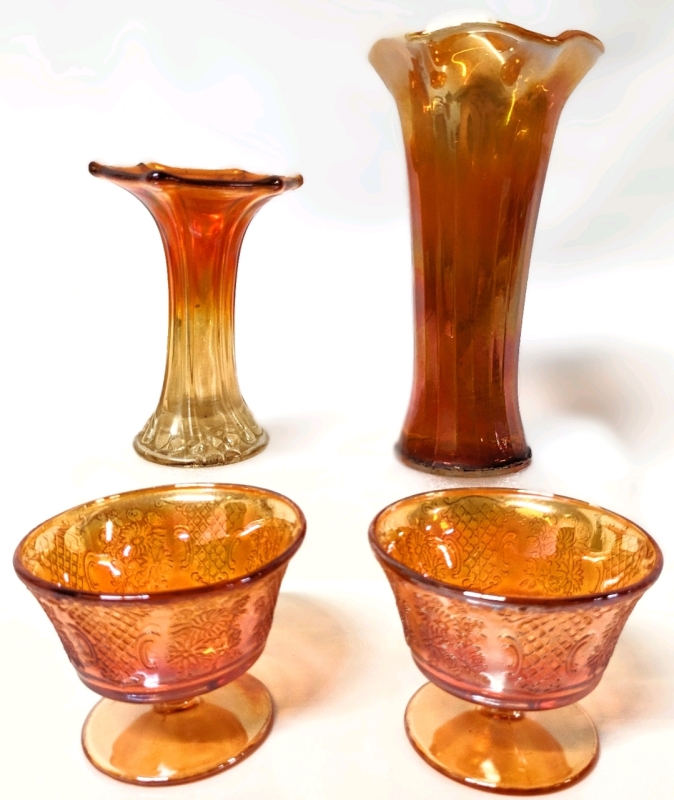 4 Vintage Pieces of Iridescent Carnival Glass: 2 Cups (2.75" Tall) & 2 Vases (5.15" - 7.5" Tall)