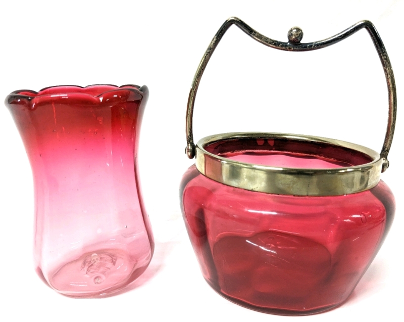 Vintage Cranberry Glass Vase & Cranberry Glass Jar w Handle (No Lid) | 3.25" x 4.5" Tall