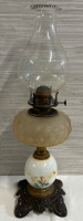 Vintage Victorian Glass Tall Pedestal Oil Lamp Queen Mary Floral Reservoir With Cast Iron Base No Cracks or Chips Approximately 20&rdquo;