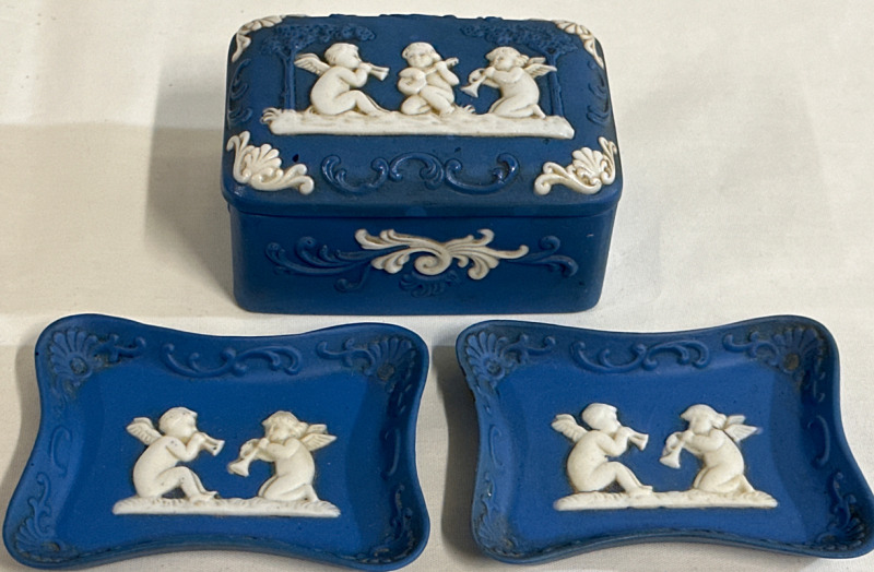 Vintage Wedgwood Blue and White Ceramic Trinket Box Approximately 4” x 3” x 2 Woth Two Wedgewood Trinket Trays Approximately 3.5” x 3” Japan No Cracks <br/>