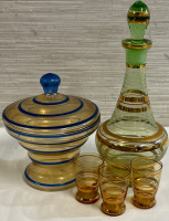 Vintage 4 Piece Bohemian Decanter Genie Bottle with Green Stopper White and Gold Stripes Approximately 10&rdquo; With 3 2.5&rdquo; Glasses With a Blue Striped 5.5&rdquo;D Dish With Lid No Chips
