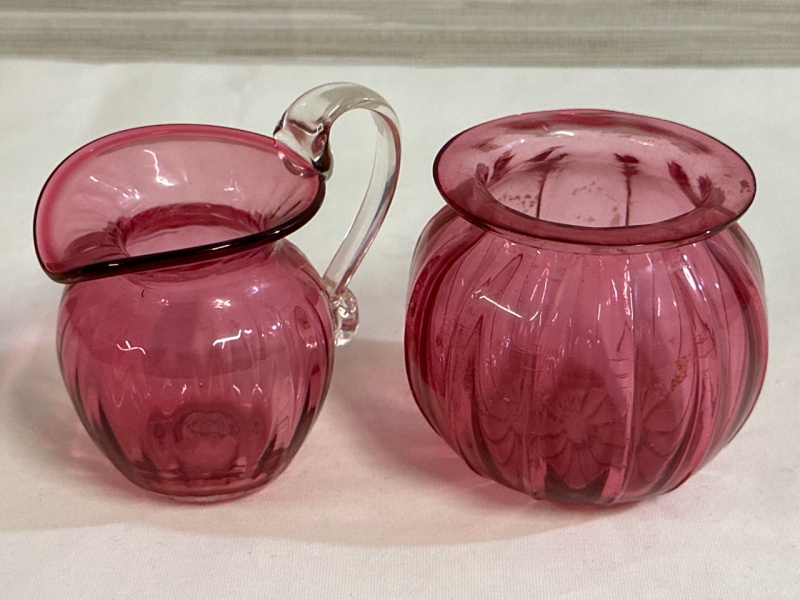 Vintage Cranberry Small Jug Pitcher Ruffle 2.5” Clear Handle With a Vintage Cranberry Ruffle Bowl 2.5” With a Small Bubble