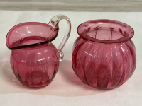 Vintage Cranberry Small Jug Pitcher Ruffle 2.5&rdquo; Clear Handle With a Vintage Cranberry Ruffle Bowl 2.5&rdquo; With a Small Bubble