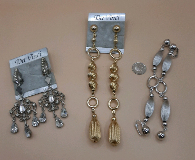 Vintage DaVinci Earrings 2 Pair of Silvertone & 1 of Goldtone. Goldtone Earrings are 5.75" All are Clip Ons