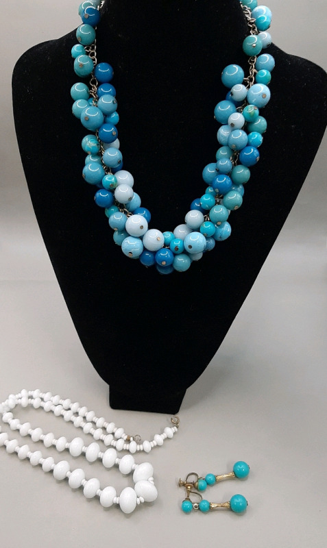 Vintage Necklaces & Earrings. White Bead is 23" long and has a broken clasp. Blue Beads are 18" long