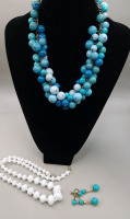 Vintage Necklaces & Earrings. White Bead is 23" long and has a broken clasp. Blue Beads are 18" long