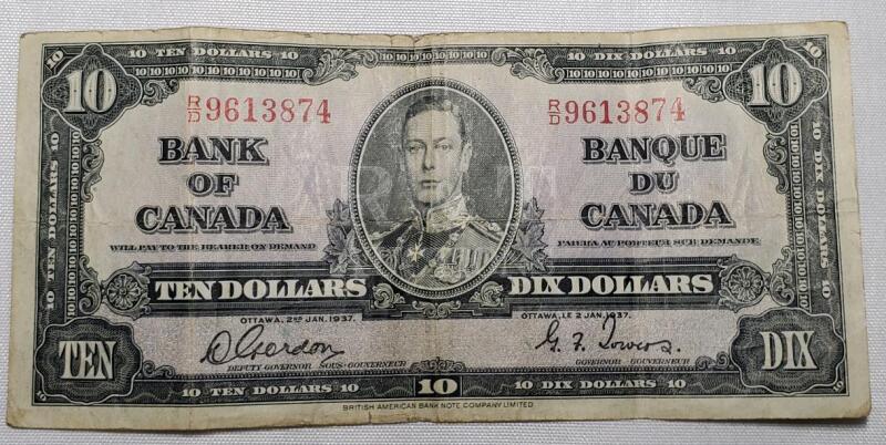 1937 Canada Ten Dollar Bank of Canada Bank Note