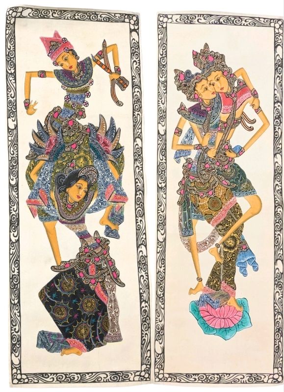 2 Gorgeous Vintage Balinese Dancer Woodblock-Style Prints / Paintings on Cloth | 11" x 31.5" ea