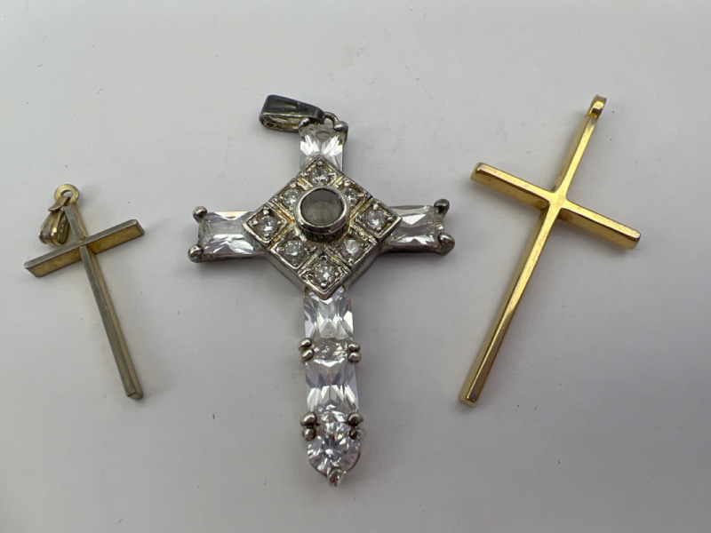 3 Vintage Crosses Rhinestone Gold Filled