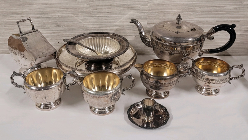 Silver Plate Lot . Tea Pot , Creamer & Sugar Set , Creamer and Sugar , Candle Holder , Serving Bowls . 9pcs