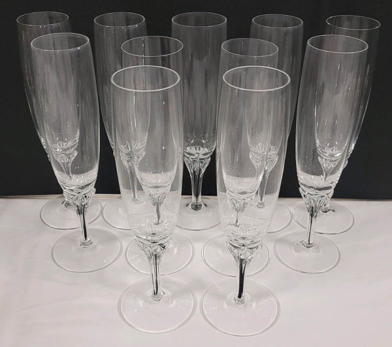 Belfor Exquisite Champagne Glasses Set of 11 , Czechoslovakian Crystal Black Core Crystal Stemware . 8 1/4" Tall