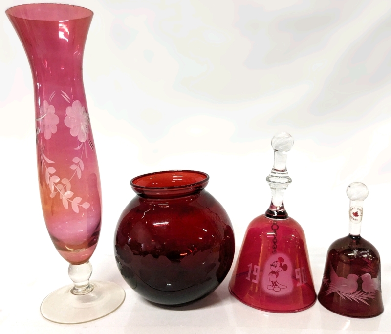 Vintage Glass : DISNEY 1990 Glass Bell (5.5"), Ruby Cut to Clear Handcrafted Canada Bell (4") & 2 Vases (4" - 9")