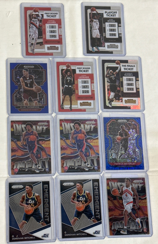 11 NBA Basketball Rookie & #’ed Trading Cards Including Donovan Mitchell Scotty Barnes and Cade Cunningham Rookies Kyrie Irving Damian Lilard Klay Thompson Kawhi Leonard and Dangelo Russle #’ed