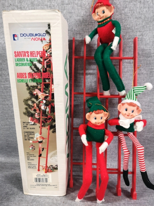 Vintage Fantastic Condition Santa's Helpers Elves on Ladder Decoration