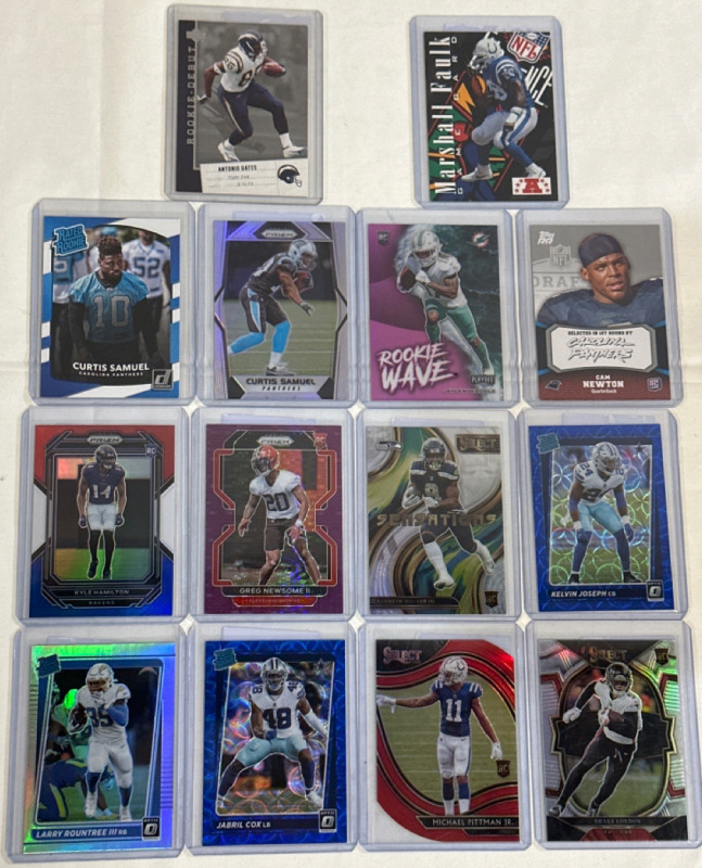 14 NFL Rookie Cards Including 10 Prizms and Cam Newton Marshall Faulk Antonio Gates and Curtis Samuel Non Prizm / Refractor