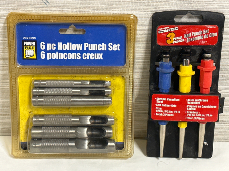 New Power Fist 6 Piece Hollow Punch Set 3/16” 1/4” 5/16” 3/8” 7/16” 1/2” and Ultra Tough Ultra Steel 3 Piece Nail Punch Set Pre-owned Has Package Wear