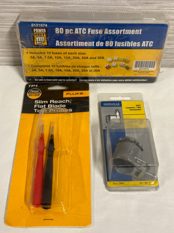 3 New Electrical Items Including 80 Piece ATC Fuse Assortment Fluke TP1 Slim Reach Flat Blade Test Probes and Iberville 3/4” Loomex / BX Connector Packaging Wear