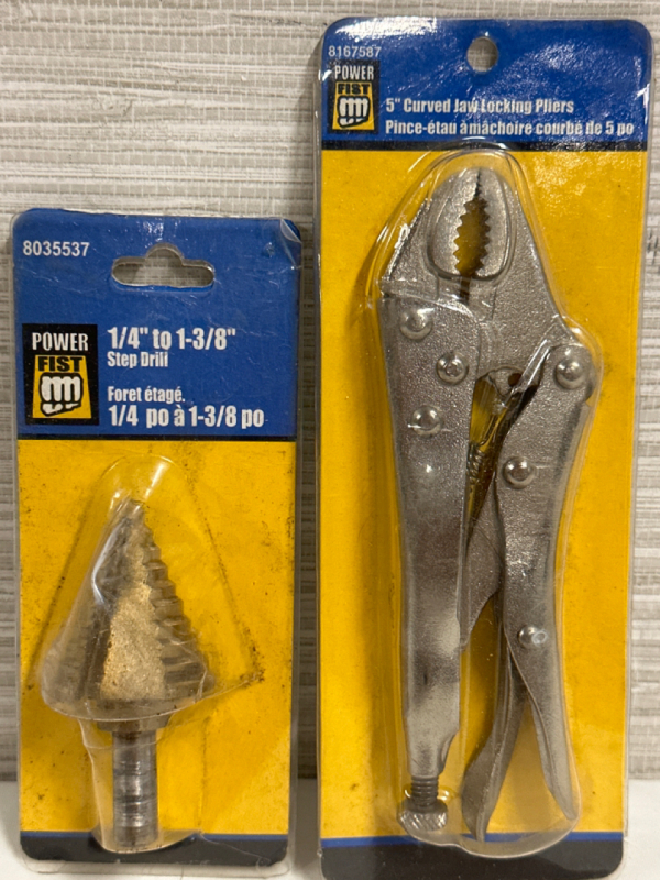 New Power Fist 5” Curved Jaw Locking Pliers & 1/4” To 1-3/8” Step Drill Packaging Wear