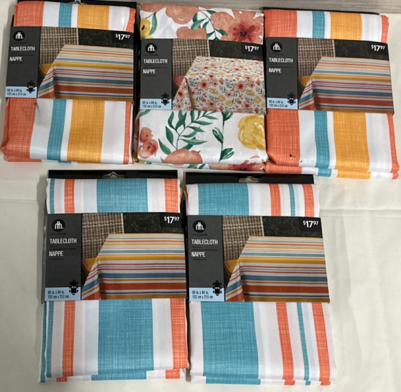 5 New Hometrends Easy Care Table Cloths 60” x 84” One Table Cloth Has a Small Black Mark