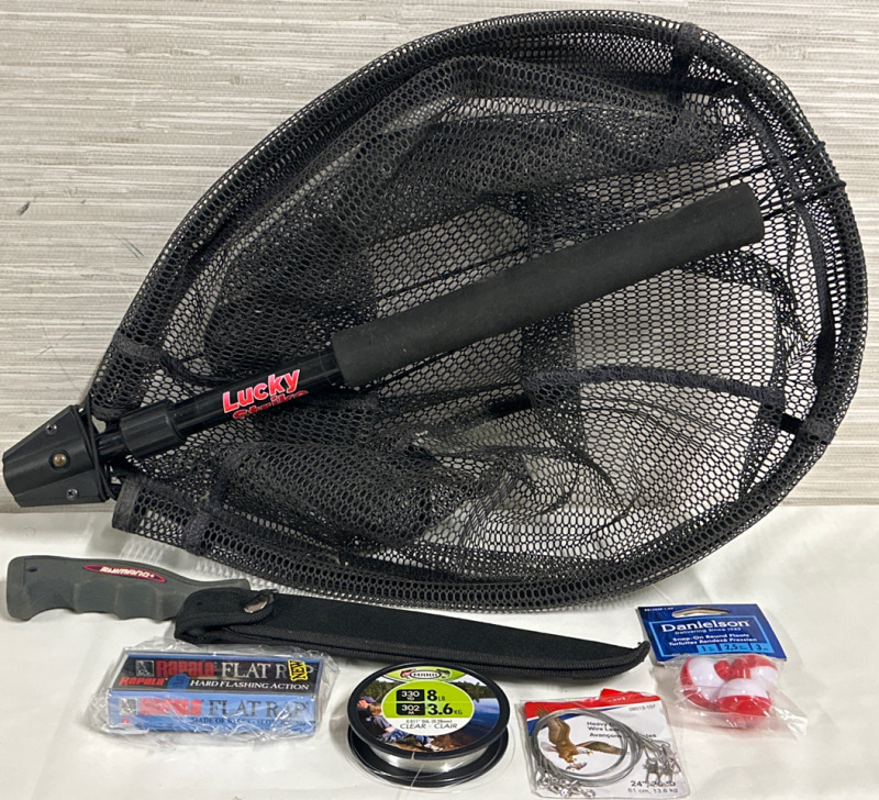 6 Piece Fishing Lot Includes Lucky Strike Folding Net Shimano Fishing Knife Lure Leads Line and Bobbers