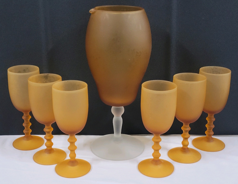 Vintage Butterscotch Satin Frosted Glass Wine Pitcher & 6 Wine Glasses . No chips or cracks