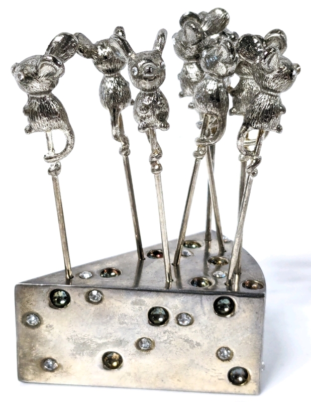 8 Vintage Silver Plated Zinc Mouse-Shaped Cheese / Appetizer Picks in Swiss Cheese Block Holder | Each Mouse 3.25" Long