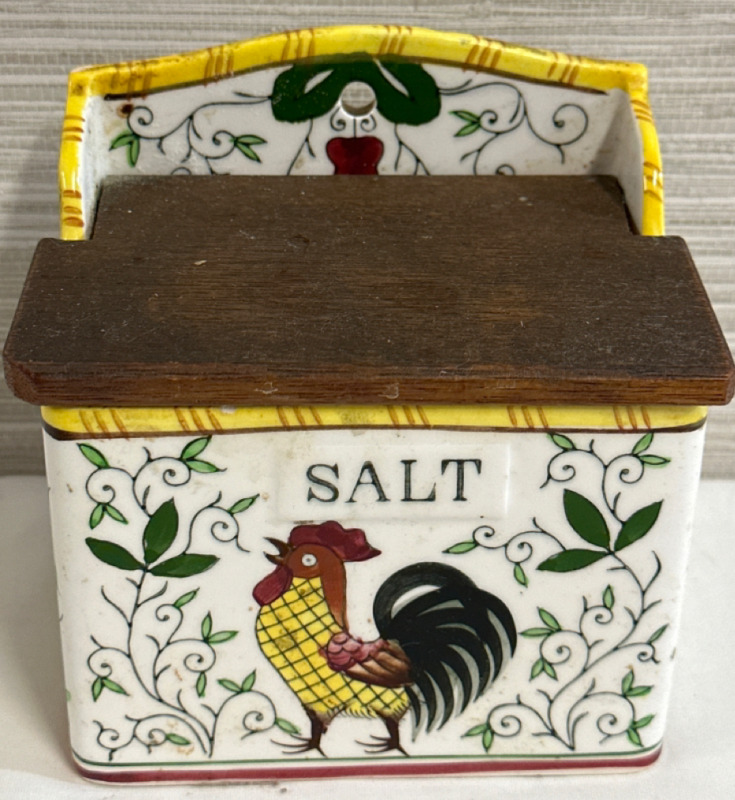 Vintage Rooster With Roses Salt Box Wood Lid PY Ucagco Early Provincial Farmhouse