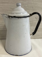 Vintage Enamelware Coffee Pot Hand Painted White With Black Handle 9” Tall 5-1/2” Bottom Has Some Wear