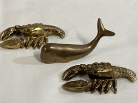 3 Vintage Brass Sea Creature 4” Figures 2 Lobsters 1 Whale