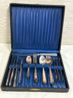 Vintage ELMO 23 Piece Silver Plated Silverware Set In Black Case With a English Wonderkut Stainless Steel Single Knife Some Wear