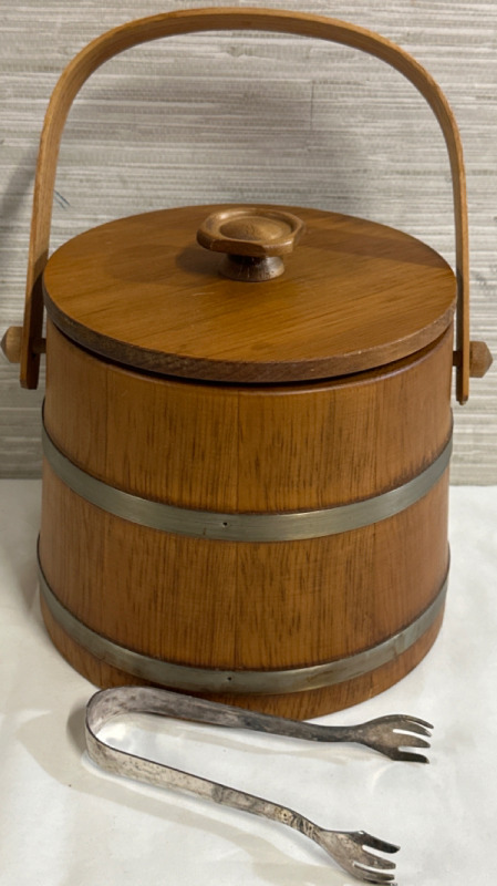 Vintage Wooden Teak Ice Bucket And Lid Plastic Liner Approximately 7&rdquo; x 7&rdquo; With Little Ice Cube Grabbing Tongs Can&rsquo;t Make Out The Makers Mark
