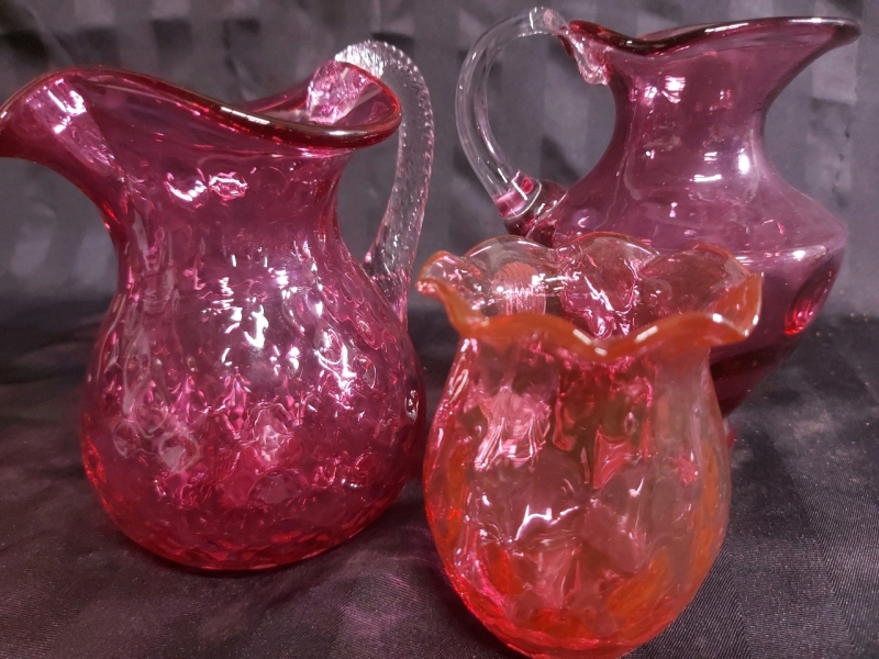 Set Of 3 Vintage Cranberry Colored Pitchers Great Pre Owned Condition