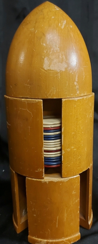 Vintage 1960's Horseshoe Initial Poker Chips Blue Red White in Wooden Bullet Shaped Dispenser With 70 Chips 11.5"X5"