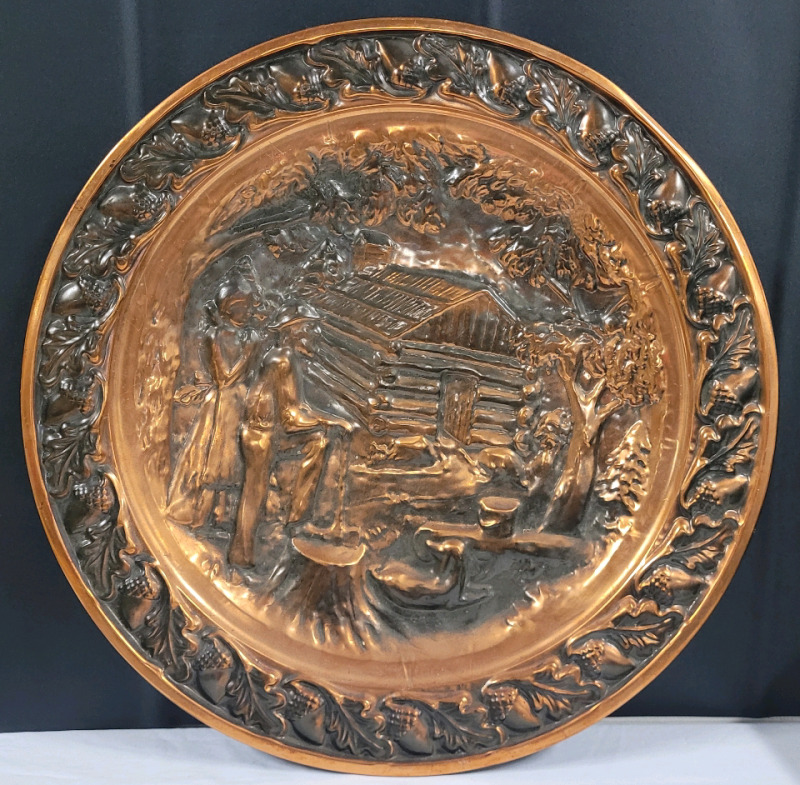 Vintage 20" Coppercraft Guild Large Copper Wall Hanging Plate Log Cabin Scene