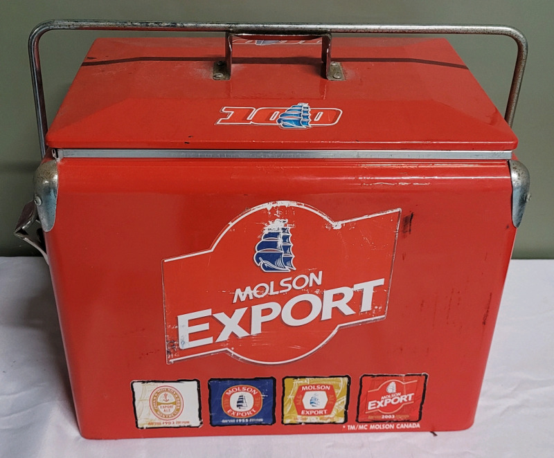 Vintage Red Metal Cooler with Molson Export Stickers . Measures 19"×13"×12"