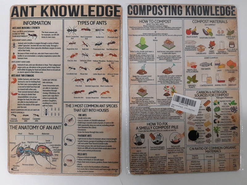 2 New Tin Wall Signs Ant Knowledge and Composting Knowledge 12" x 8" Inches